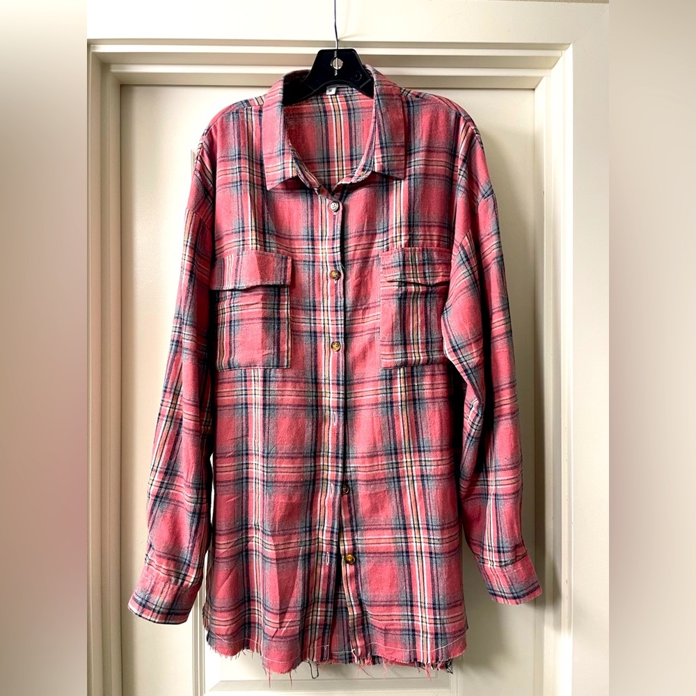 Pink/Salmon plaid long shirt with fringe